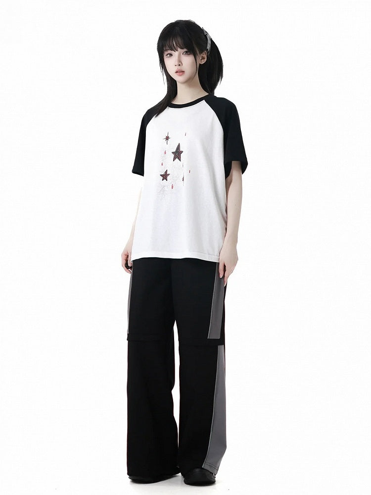 T-Shirt Star Print Black  White Colorblock Design