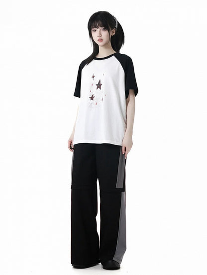 T-Shirt Star Print Black  White Colorblock Design