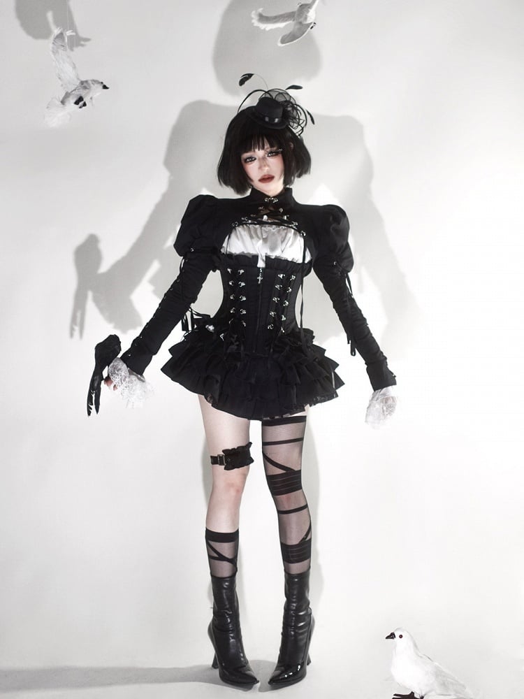 Lace-Up Boned Corset with Ruffle Details in Black - Moonveil Manuscript
