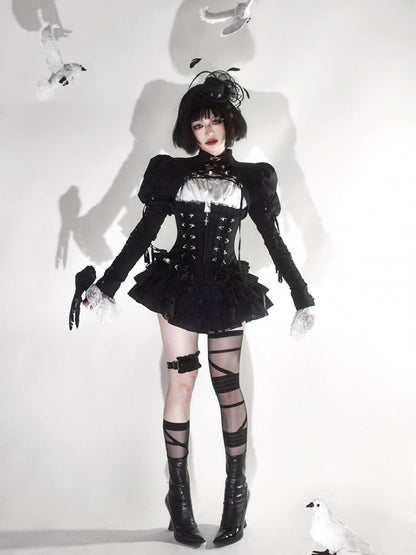 Lace-Up Boned Corset with Ruffle Details in Black - Moonveil Manuscript