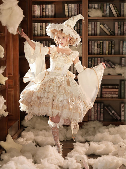 Witch-Themed Cross Accent Lolita JSK Full Ensemble in White and Gold with Oversized Bow Train, Cape, Detachable Sleeves, Hat and Outer Sleeves - Felinae Cookie