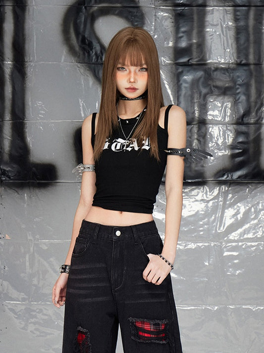 ブラックプリントデザイン ダブルショルダーストラップ ノースリーブトップス