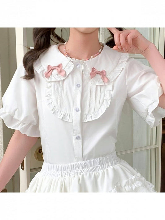 Pink & White Bow Peter Pan Collar Top - Lan Jian Chuan