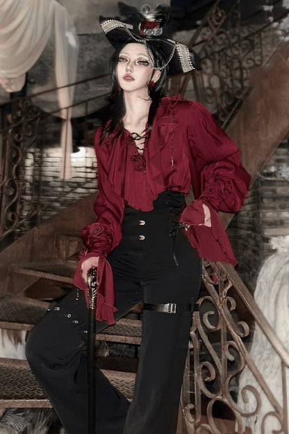 Regal V-Neck Shirt and Corset Pants Set - Shi Zhi Mao