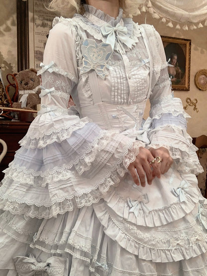 Ruffle Bell Blue Sleeves Blouse Neckline Layered