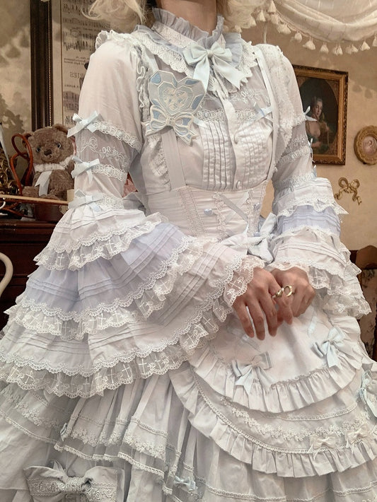 Ruffle Bell Blue Sleeves Blouse Neckline Layered