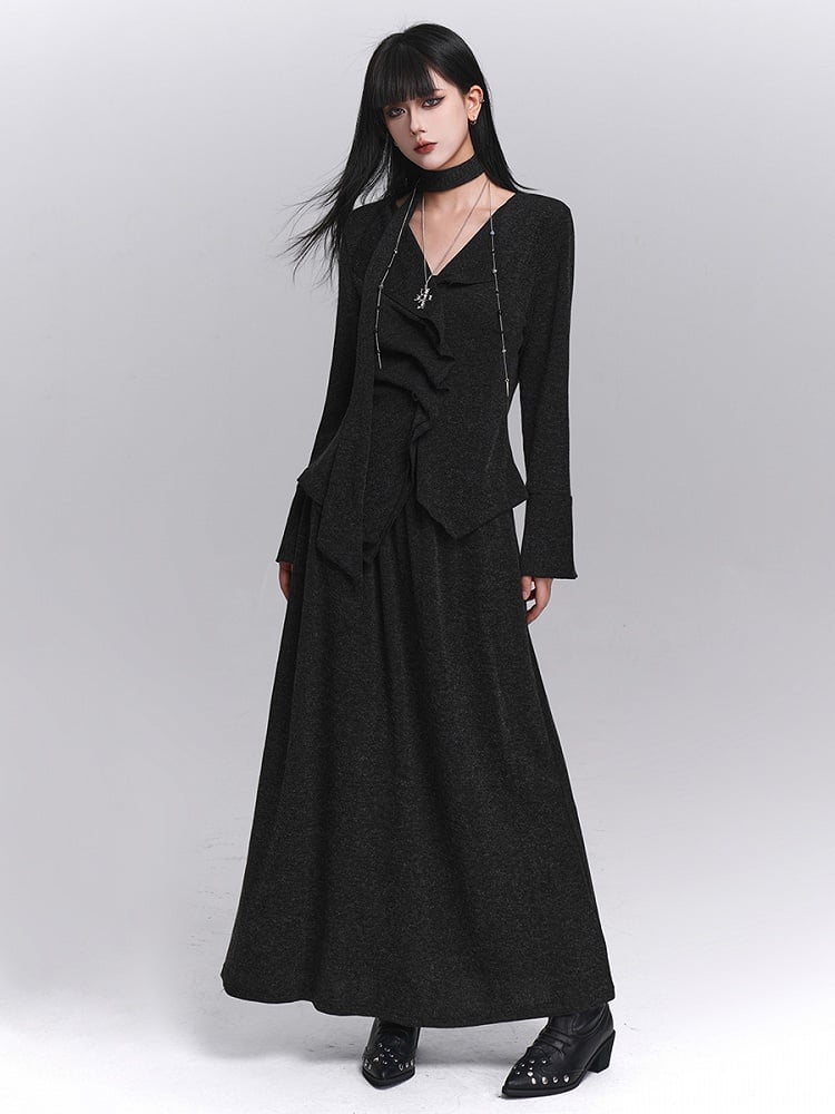 Placket with Black Neck Strap Pleated Top Trim V-Neck