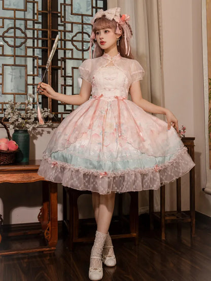 Rosa Lolita-Kleid mit baskischer Taille, Pfirsich- und Pfirsichblüten-Print JSK