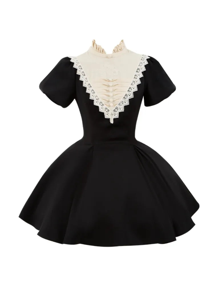 Schwarz-beiges Gothic-Nonnen-Lolita-Kleid mit Rüschenkragen, kurze Version