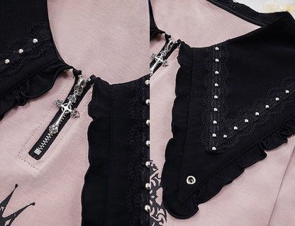 Blaues spitzes, flaches Kragen-Ausschnitt-Schulter-Spitzenbesatz-Jirai-Kei-Kleid, hell