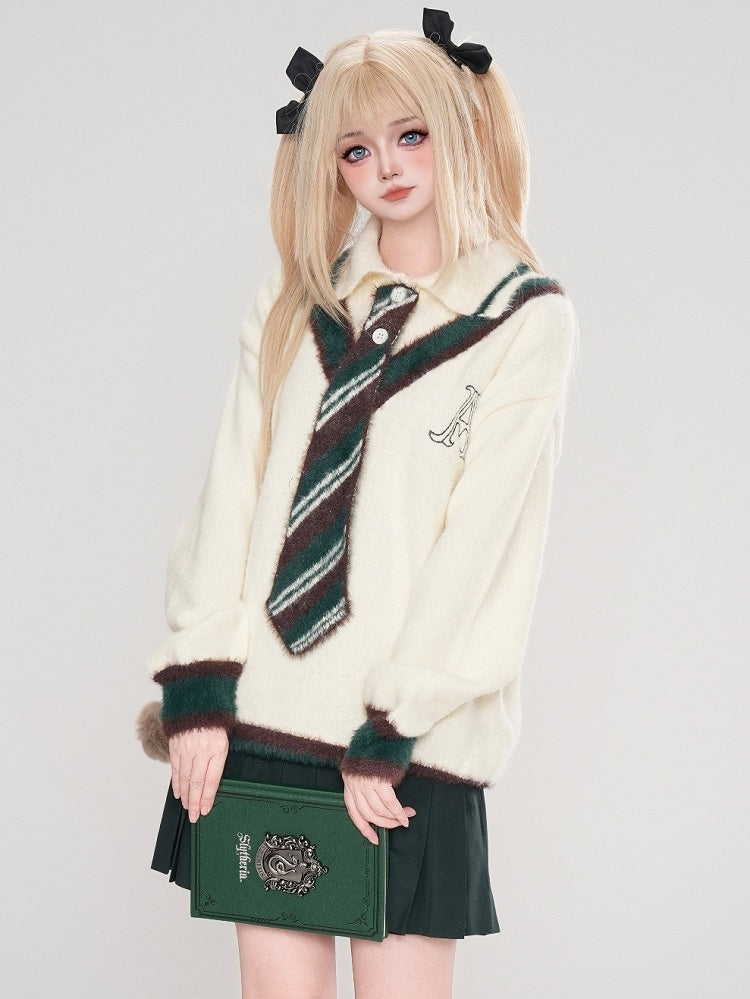 グレー/ホワイトのポロカラー プレッピースタイル セーター（ニットタイ付き）