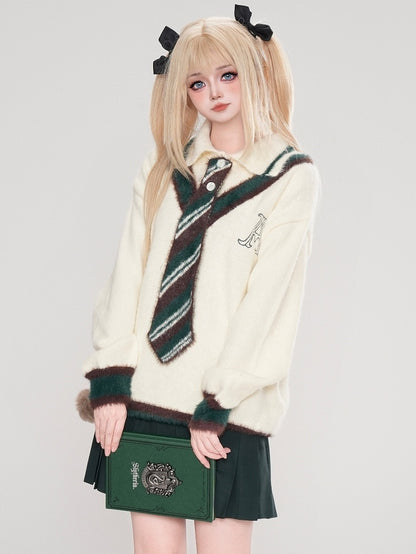 グレー/ホワイトのポロカラー プレッピースタイル セーター（ニットタイ付き）