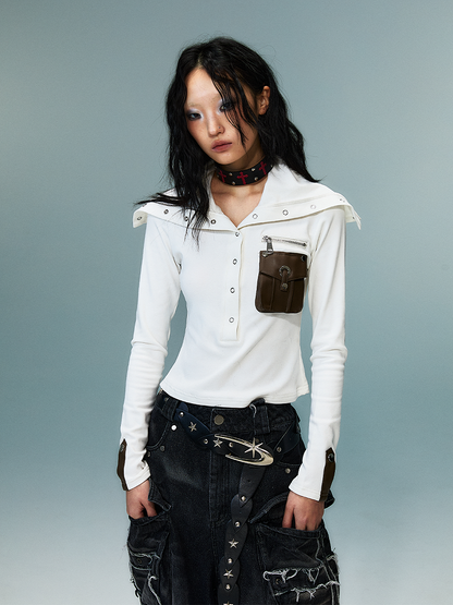 PU Pocket White Punk High-Neck Knit Top with Brown