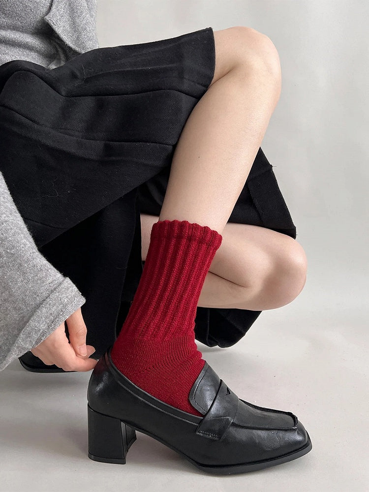 Red Rib Crew Long Fine Warm Socks