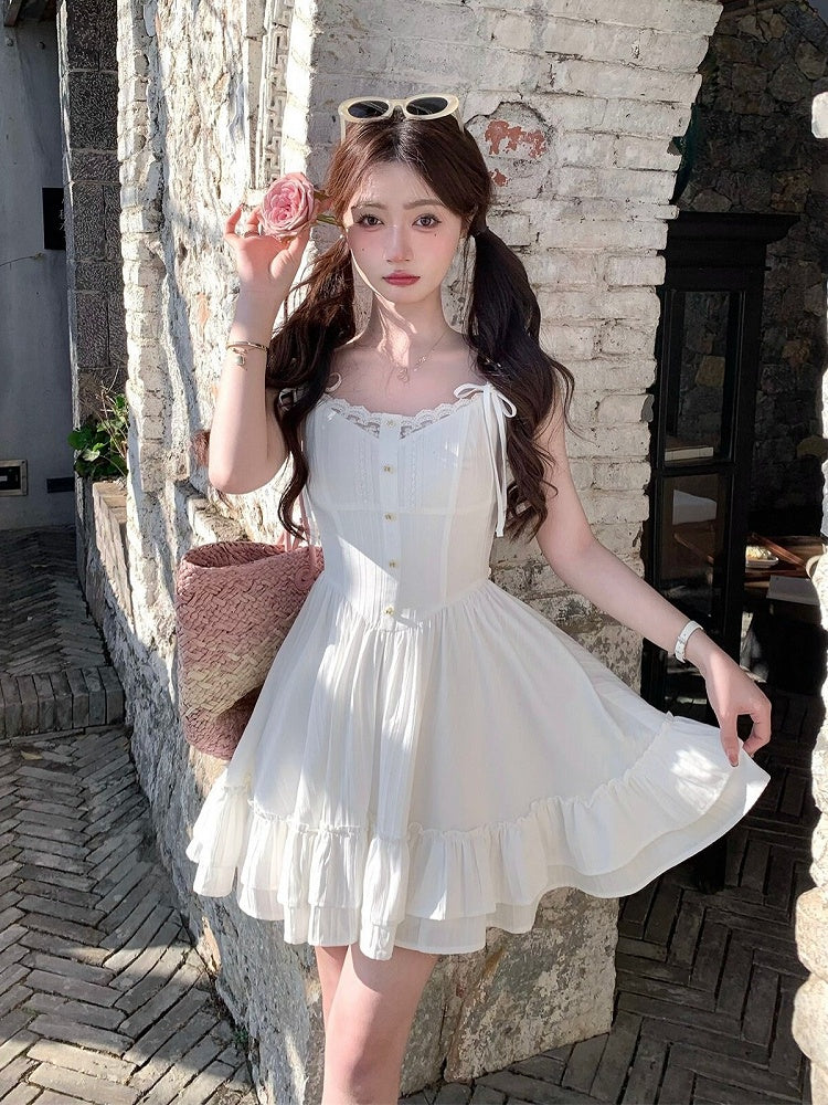 White Lace Detail Summer Holiday Dress - Qchiwawameme