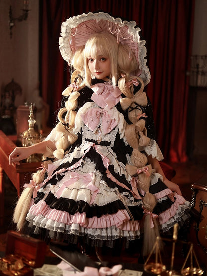 Schwarz-Rosa Süßes Hexenkleid mit hoher Taille, Lolita-Pulloverrock, komplettes Set