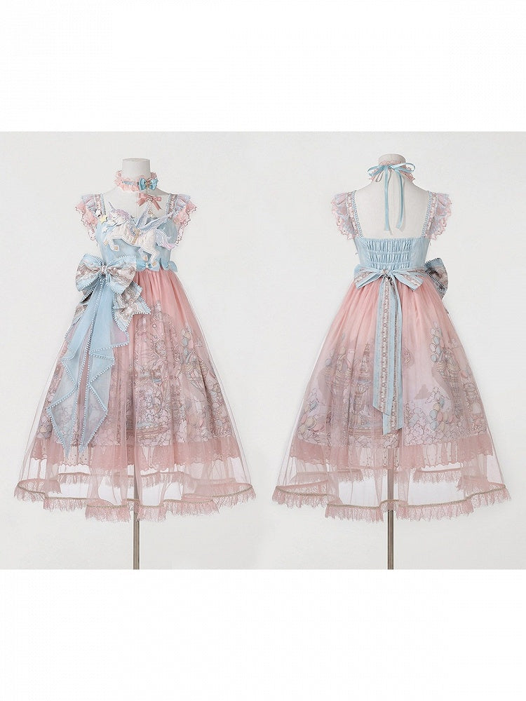 Amusement Park Themed Sleeveless Lolita Frock in Sweet Pink & Blue with Lace Choker - Xiong Dou Jiang