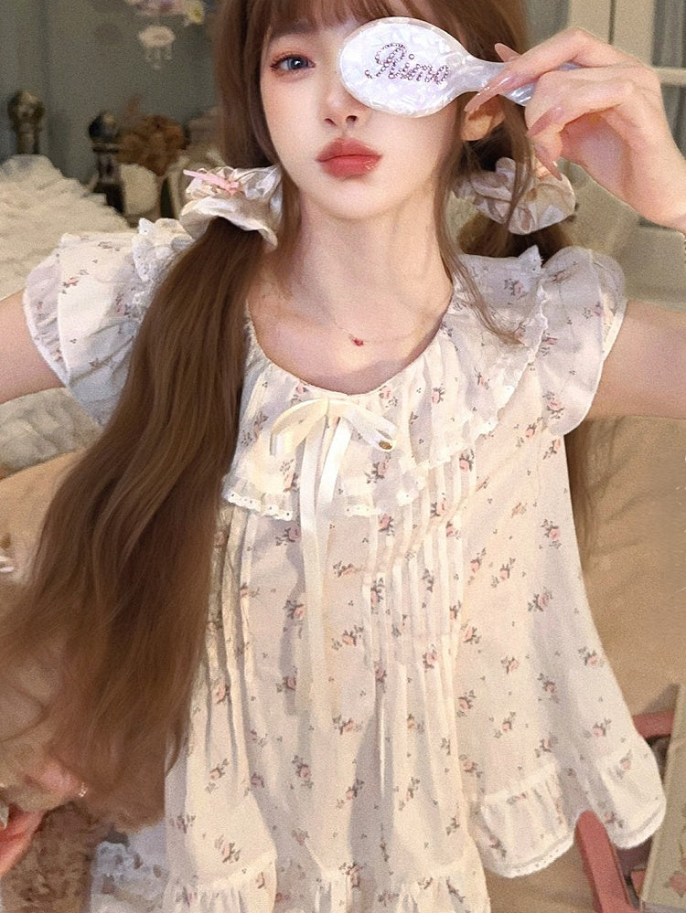 Dollcore Blouse Beige Floral  Ruffle Trim Print With