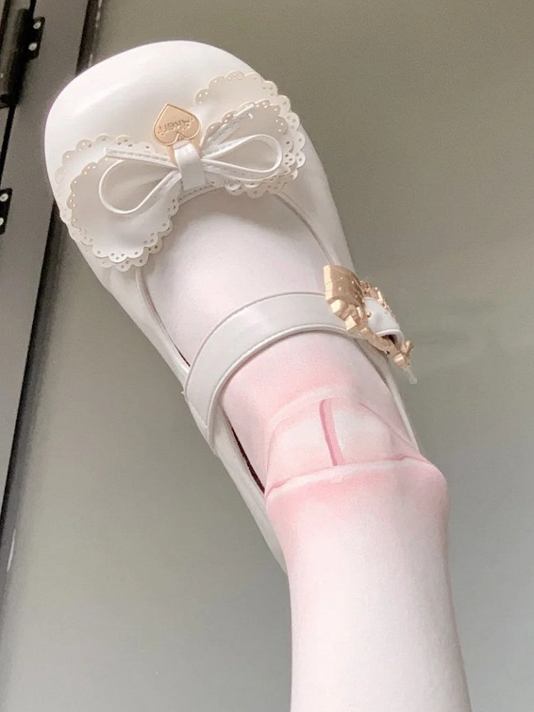 Cake White Buckle Heart Sweet Low-Heel Janes Lolita Multilayer Bow Top - Mary