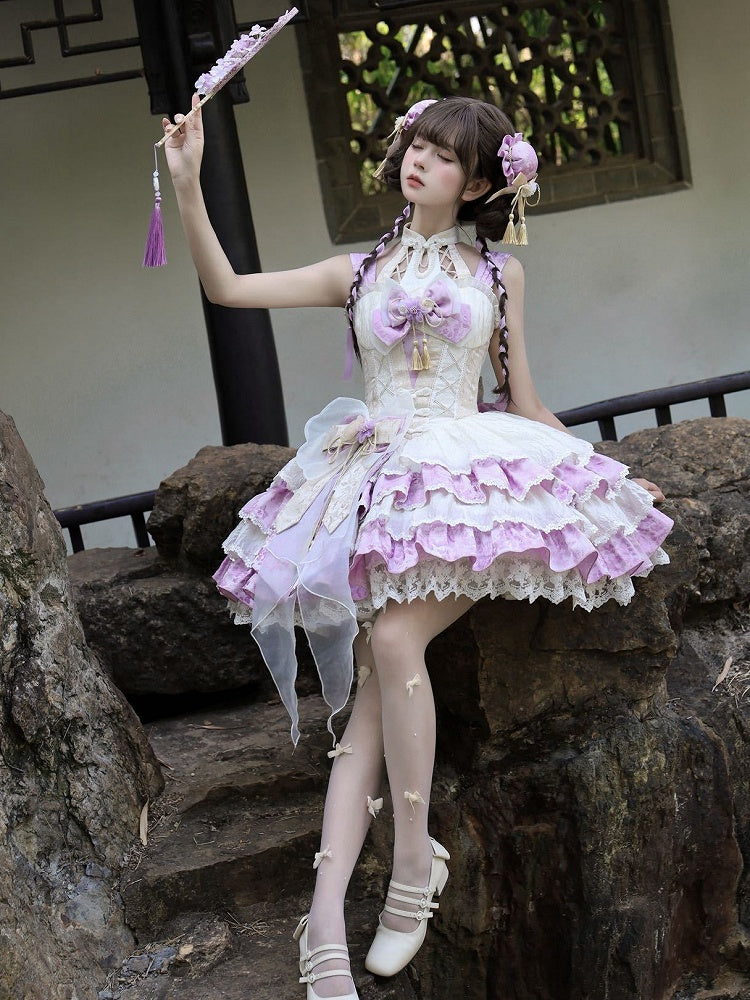 スカートドレス ロリータ ホルターネック バスク ウエスト取り外し可能 Qi パープル ティアード