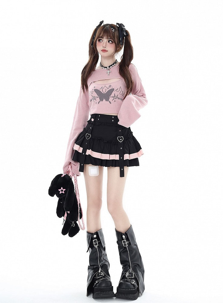 Black & Pink Ruffled Mini Skirt with Layered Tiers - CRAZY GIRL