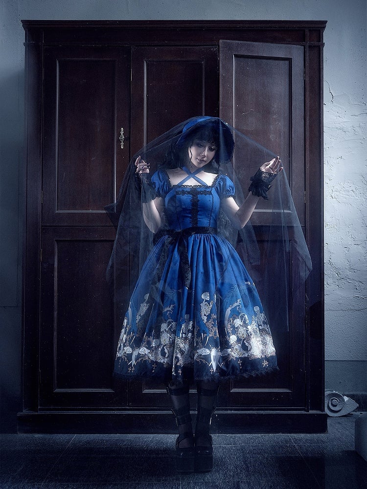 Cross Trim Black Gothic Skeleton Dress and Lace Lolita with Print Blue