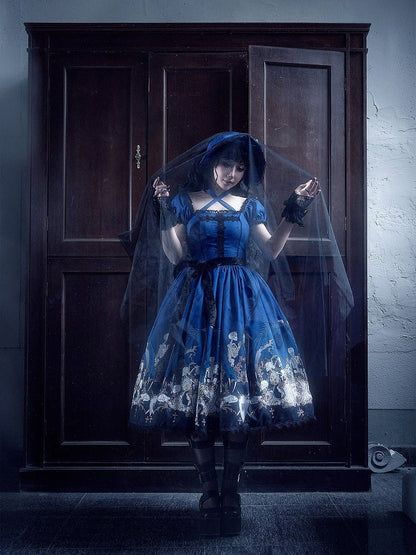 Cross Trim Black Gothic Skeleton Dress and Lace Lolita with Print Blue