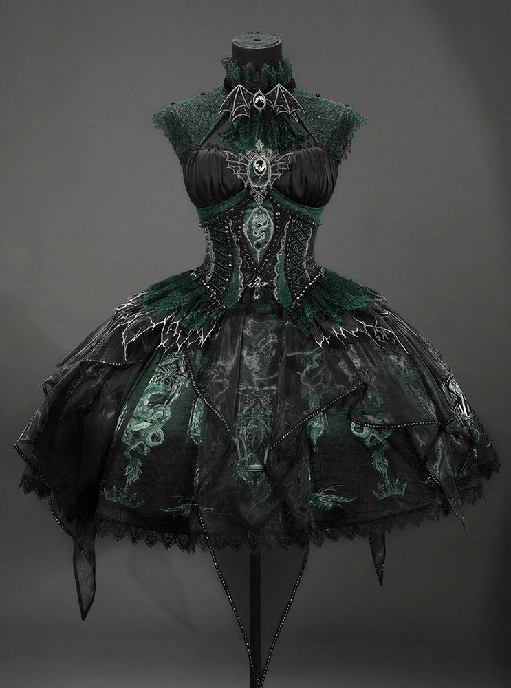 Black & Green Bone Dragon Embroidery Halter Neck Gothic Lolita Dress Set - Ying Luo Fu