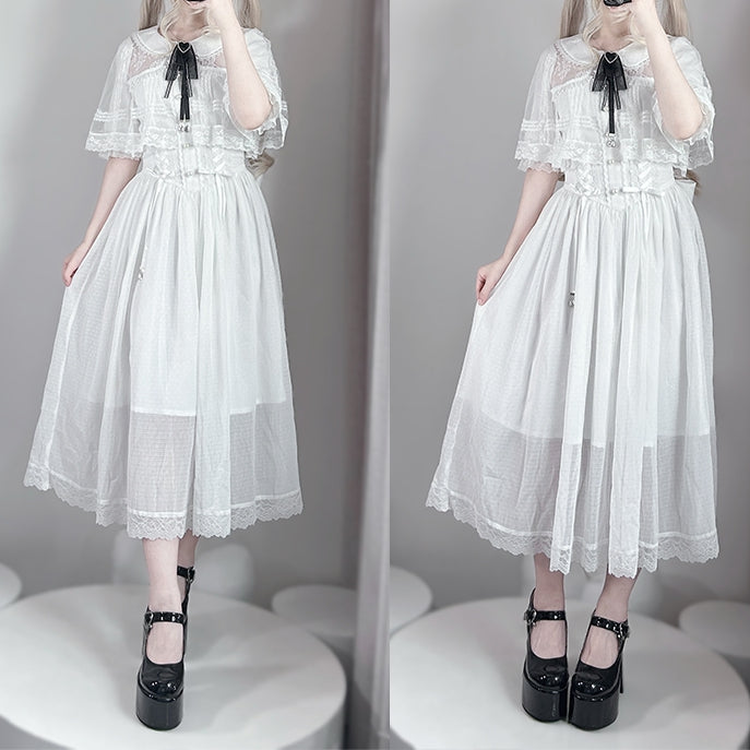 Kei Design Jirai Long and Lace-up Waist Fabric with Cape White Dress Chiffon