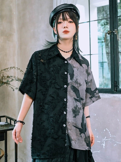 Gothic Crow-Print Asymmetric Shirt in Black & White - Quirky Hut