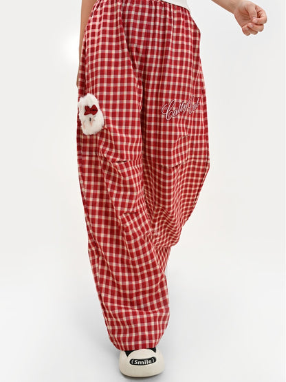 キティのぬいぐるみ付きパンツ（レッドチェック柄）ウエストゴムワイドレッグカジュアル