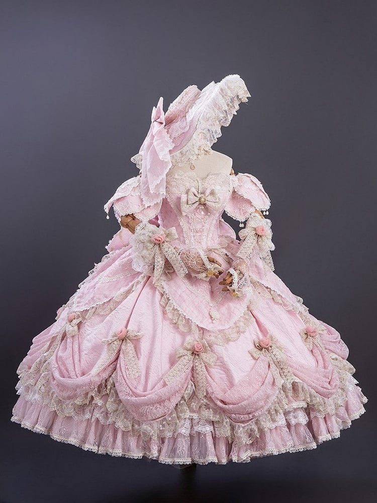 Version Details Ruffles Hanayome Pink Short with and Layered Hime Gown Bow Lace Lolita Off-Shoulder