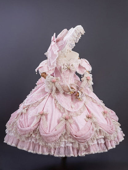 Version Details Ruffles Hanayome Pink Short with and Layered Hime Gown Bow Lace Lolita Off-Shoulder