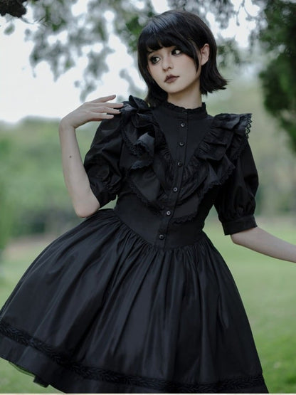 Vintage Black Lace-Trimmed Short-Sleeve OP Dress