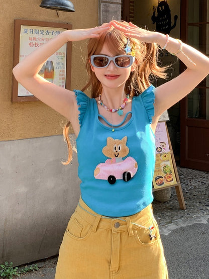 Free Kitty Applique Flatterärmel Top Blau Süße Halskette mit