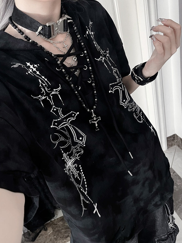 Devil Sleeve Gothic BlackGray Print Hoodiewith Horn HoodCross Short Tie-Dye