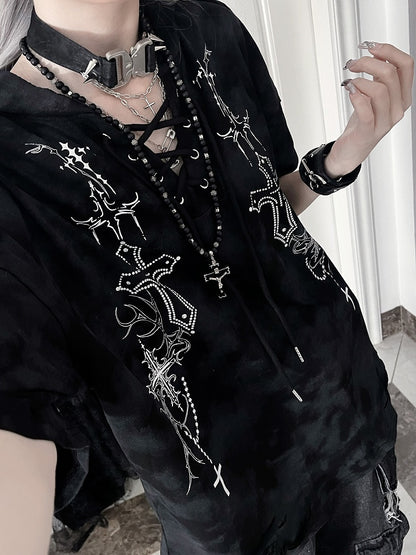 Devil Sleeve Gothic BlackGray Print Hoodiewith Horn HoodCross Short Tie-Dye