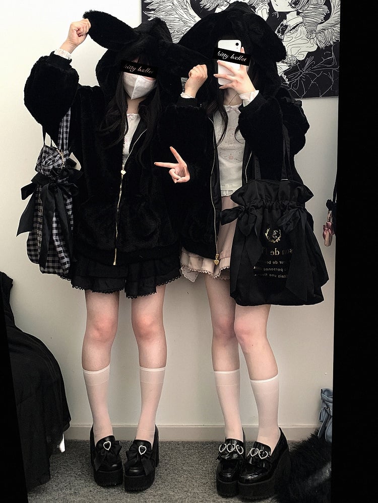 自来也 ピンク バニー耳 フード 地雷風 ぬいぐるみ ジップパーカー