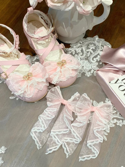 PU Pink - Lolita in Bows Janes Hime Light Mary Mid-heel Decor