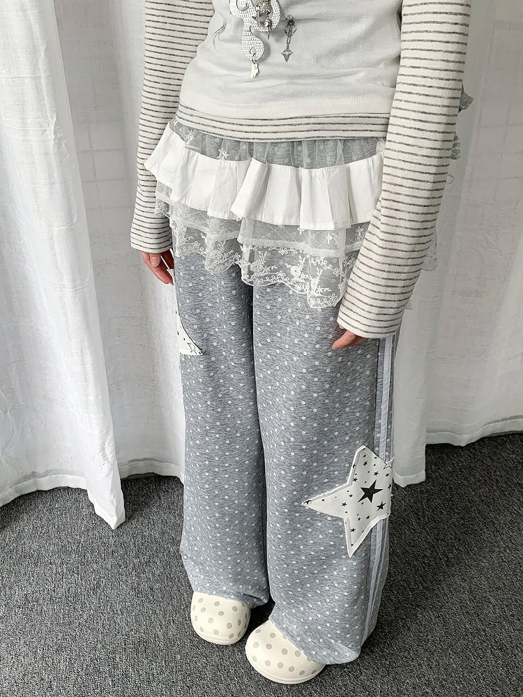 Lace-trimmed Pants Accessory  Polka-dot Grey Star Straight-leg Patchwork with