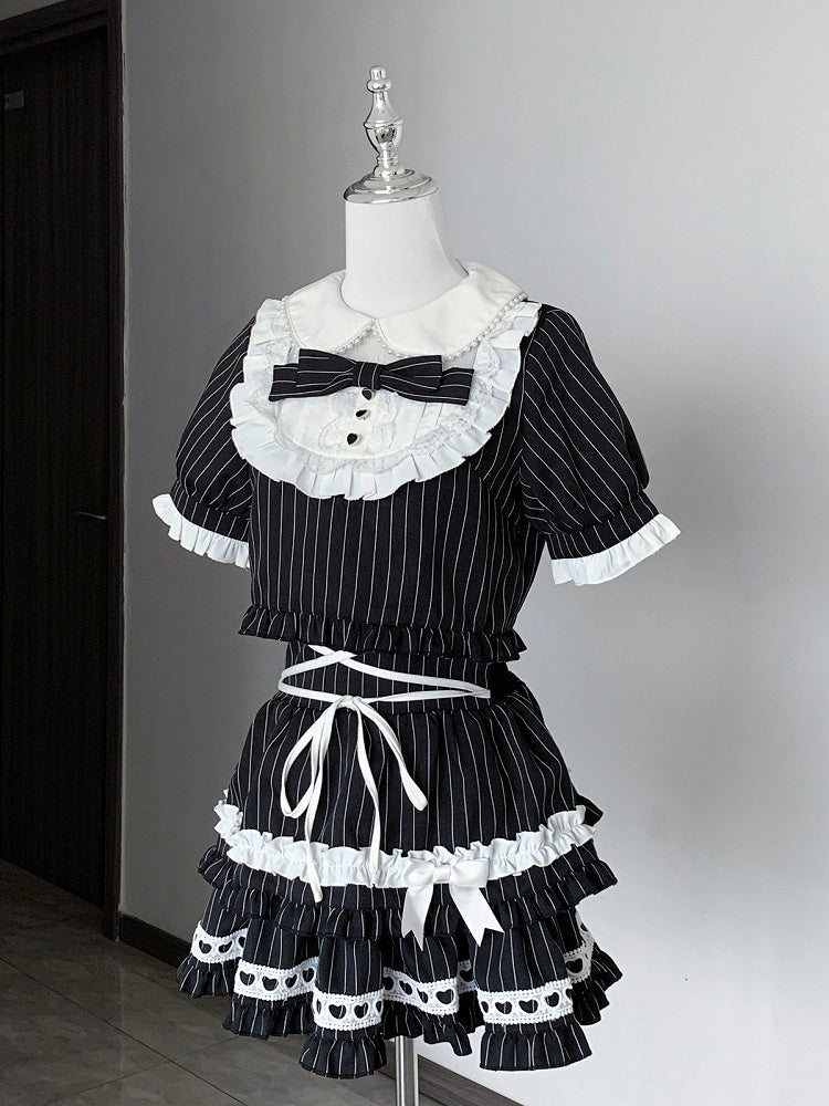Black & White Striped Peter Pan Collar Set + Tiered Skirt - Bug Starting