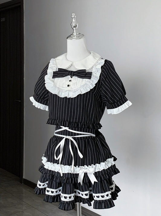 Black & White Striped Peter Pan Collar Set + Tiered Skirt - Bug Starting