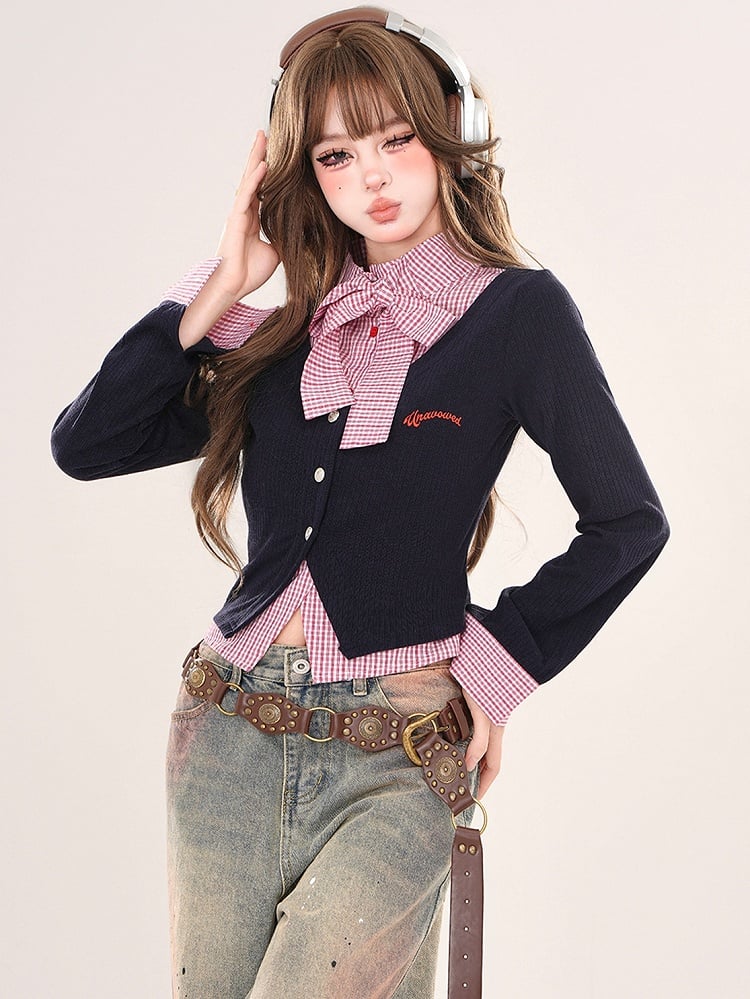 Grey/Navy Blue Plaid Patchwork Faux Two-piece Cardigan