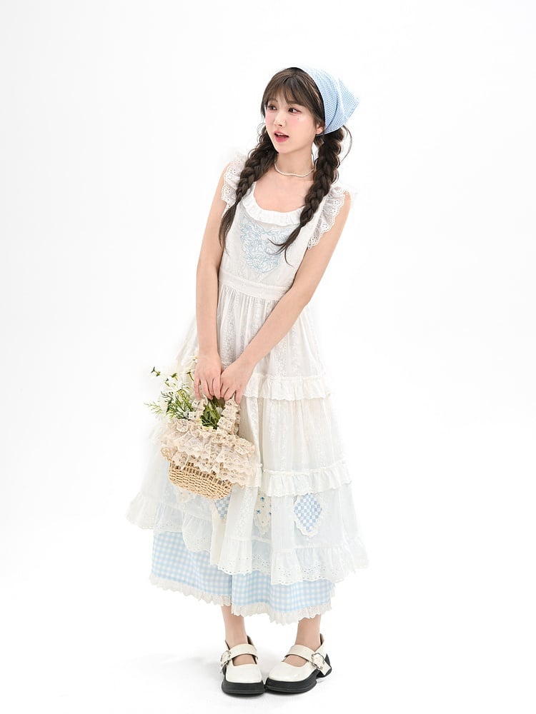 Overdress Trim Patch White Flutter Sleeves Lace Embroidery Plaid Tiered Cutton Skirt Blue