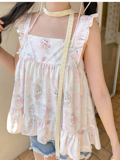 Drucken Sie süße rosa Flatterärmel Allover ärmelloses Top Kitty