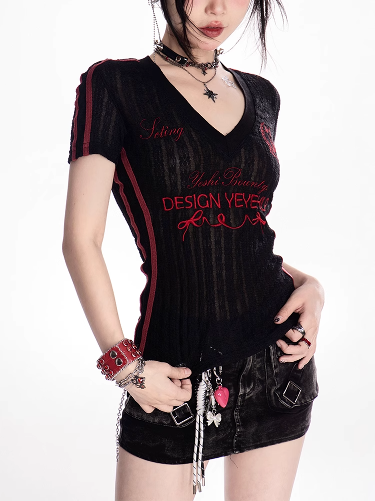 ブラック/ホワイト Vネック レター刺繍 セミシアーTシャツ