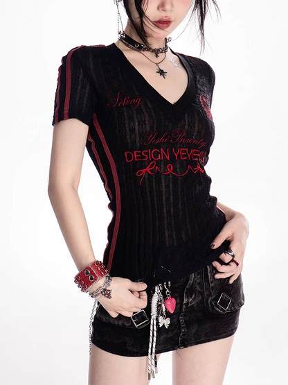 ブラック/ホワイト Vネック レター刺繍 セミシアーTシャツ