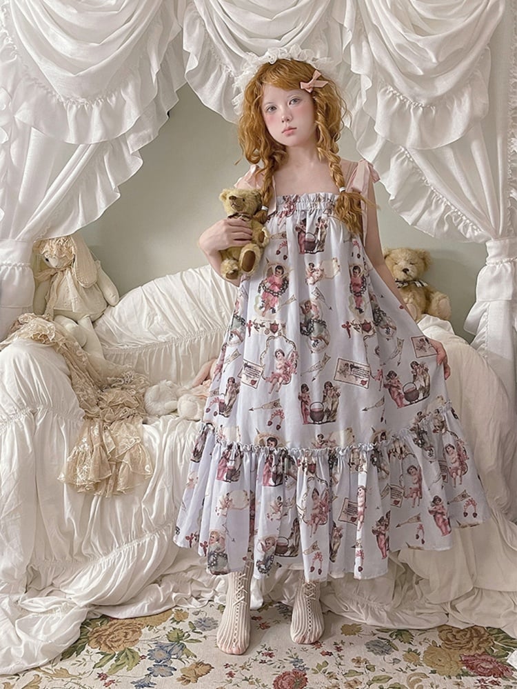 Pyjamakleid mit Engel-Print und Volantsaum