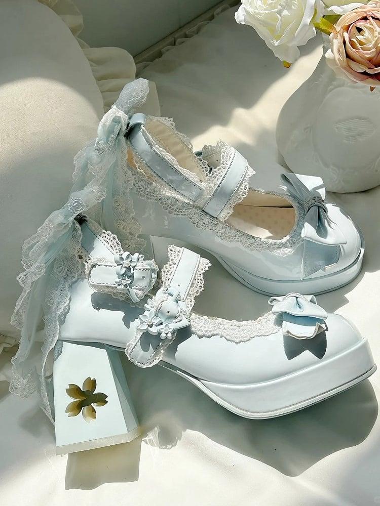 with Design Romantic Clasp in High Heels PU Openwork Lolita Sweet Floral Block Blue Heel