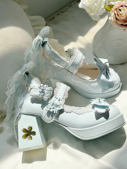 with Design Romantic Clasp in High Heels PU Openwork Lolita Sweet Floral Block Blue Heel
